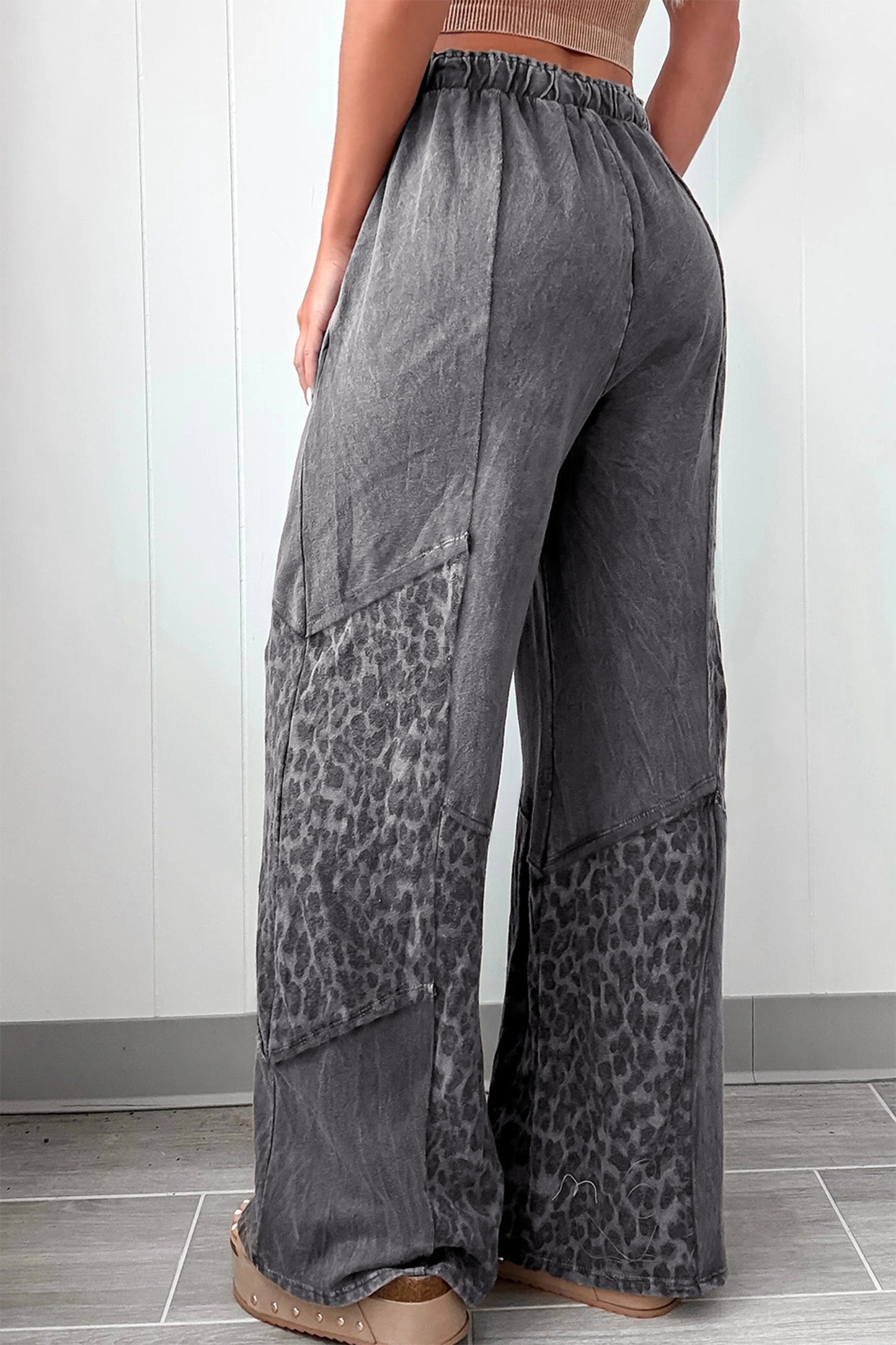 Coffee Mineral Wash Leopard Patchwork Loose Pants