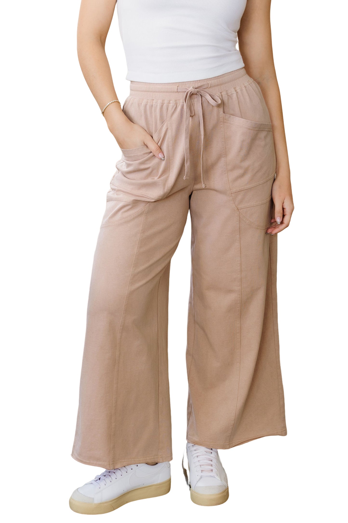 Smoke Gray Solid Color Mineral Wash Piping Trim Pocketed Wide Leg Pants