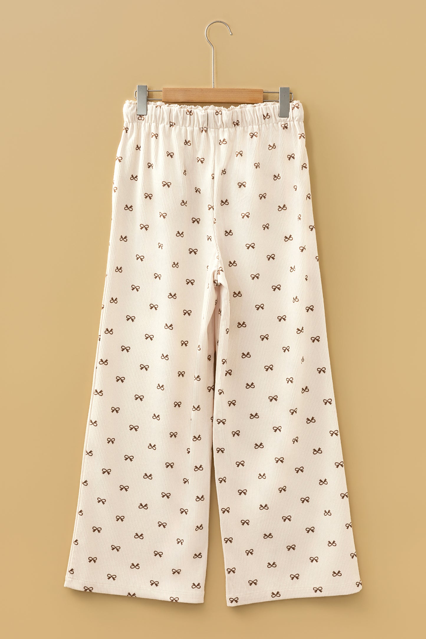 Apricot Bow Print Drawstring Elastic Waist Loose Corduroy Pants